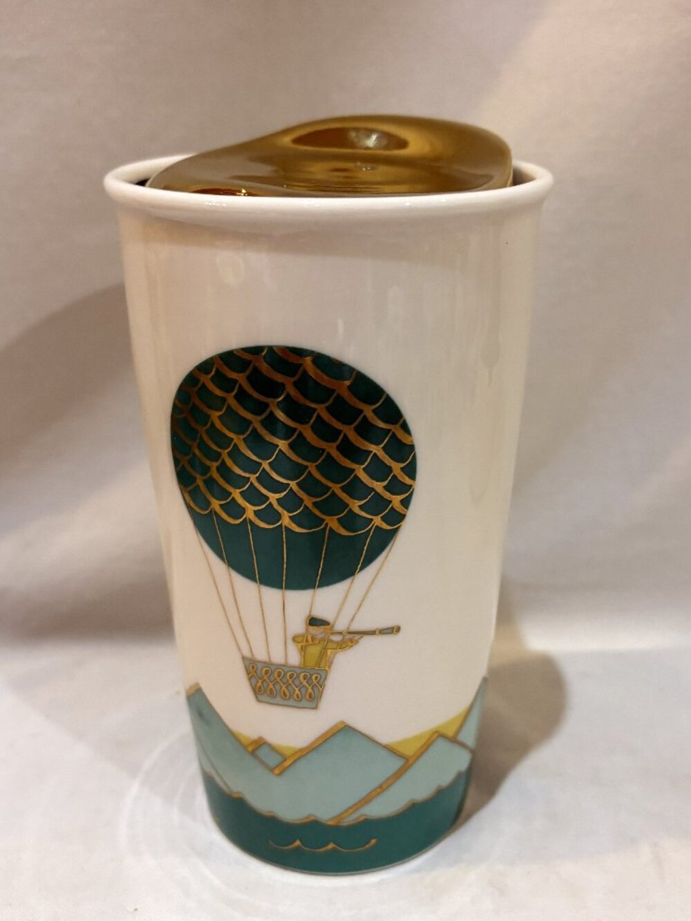 Starbucks 2014 Hot Air Balloon Ceramic Travel Tumbler Mug 12 oz